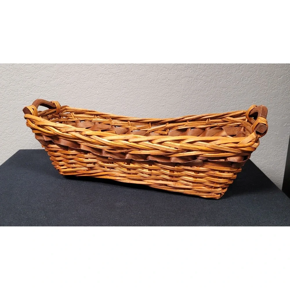 Vintage 1980s Wicker and Chipwood Rectangular Serving Basket with Wood Handles